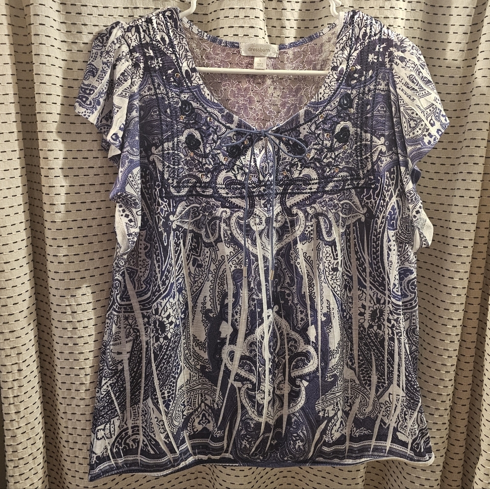Dressbarn Purple and White Ornate Blouse
